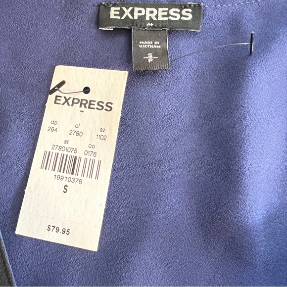 Blue EXPRESS Roll Up Sleeve Dress With Black Trim & Ribbon Belt ~ Size S #003 - Picture 3 of 4